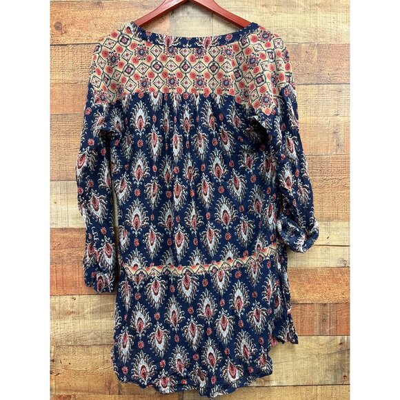 En Elly Womens Boho Tunic Dress M Blue Red Paisley Long Sleeve V-Neck - Picture 6 of 7